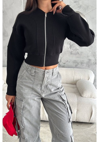 Noa & Noa Kadın Fermuarlı Fit Cropped Sweatshirt Sportif & Şehirli Stil Siyah