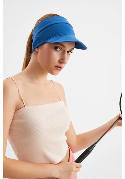 Butikgiz Kadın Uv Korumalı Katlanabilir Üstü Açık Yumuşak Siperli %100 Pamuklu Penye Tenis Vizör Şapka İ Ndigo
