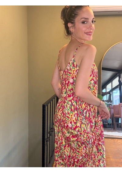 Ali Butik Fuşya Desenli Viskon Elbise