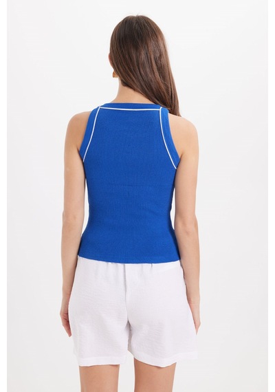 Tudors Kadın Slim Fit Dar Kesim Pamuklu Askılı Bisiklet Yaka Biyeli Saks Mavi Crop Atlet-50982