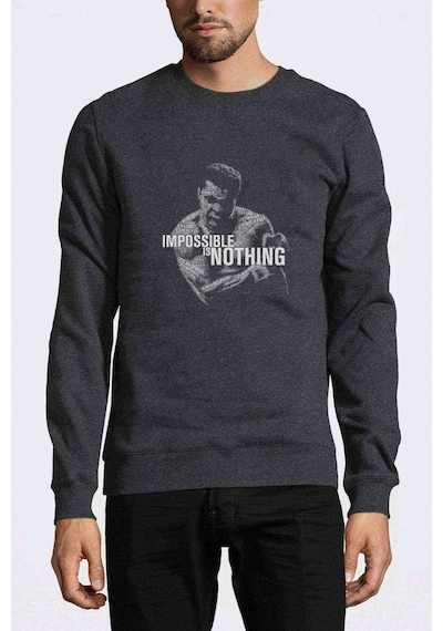 Muhammed Ali Typography Baskılı Füme Erkek Örme Sweatshirt