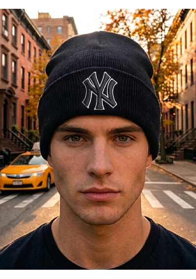 Hamze Ny New York Nakışlı Unisex Pamuklu Akrilik Kışlık Bere Siyah - Beyaz