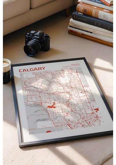 Calgary Kanada Canada Haritası Çerçeveli Tablo Lüks Salon Ofis Duvar Dekorasyonu Hediyelik Tablo Siyah