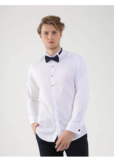 Dufy Beyaz Erkek Slim Fit Desenli Ata Yaka Duble Manşetli Kol Gömlek - 94408-beyaz Beyaz