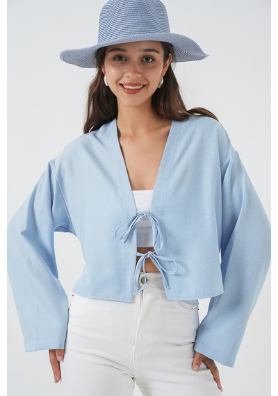 Bigdart Önü Bağlamalı Keten Kimono 960 - Mavi