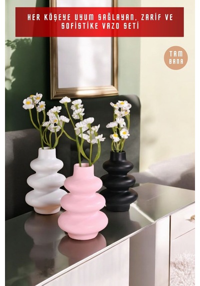 Siyah Dekoratif Vazo Seti Obje Ev Dekorasyon Masa Üstü Dekor Vazo Seti Model 5 Pembe Siyah Beyaz Pembe Siyah Beyaz