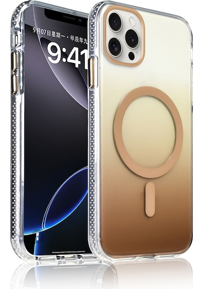 Techaks Apple Uyumlu iPhone 14 Pro Max Kılıf M-safe Şarj Özellikli Transparan Renk Geçişli Tchs Toros Kapak - Gold Altın