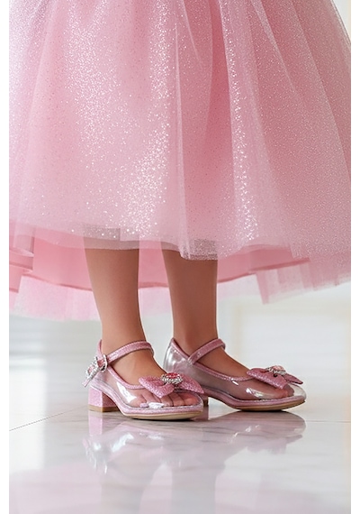 Kiko Kids Asel Kız Çocuk Simli Topuklu Abiye Şeffaf Ayakkabı Pembe