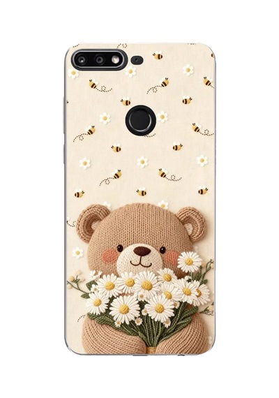Huawei Y7 2018 - Honor 7c Uyumlu Arı Ve Papatya Sevimli Ayıcık Baskılı Silikon Kılıf Renkli