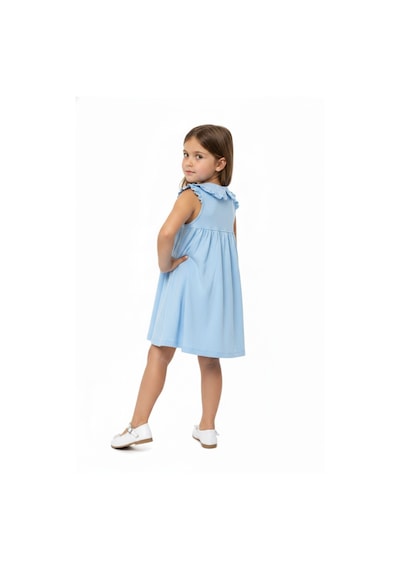 Toontoy Kids Toontoy Kız Çocuk Regular Fit Bebe Yaka Düğmeli Kısa Kollu Elbise 25049 Mavi