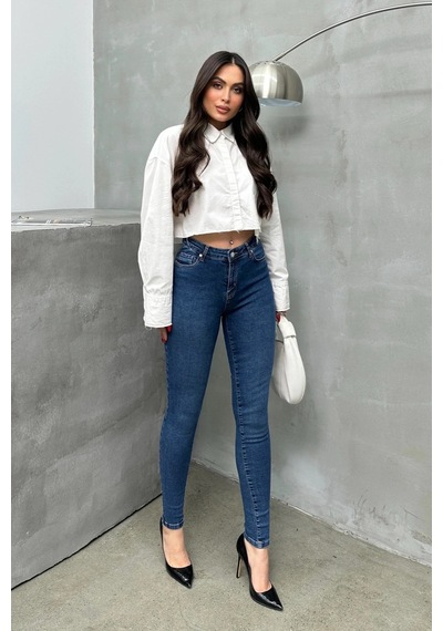 Kadın Orta Mavi Yüksek Bel Skinny Jean Pantolon Dar Paça Esnek Denim Kot 26