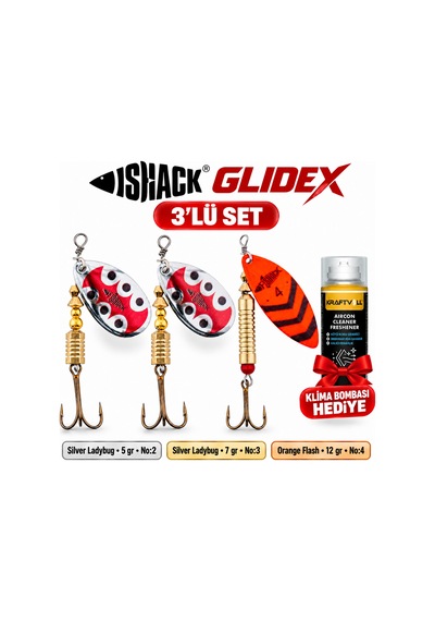 Fishack Glidex 3'lü Döner Kaşık Seti + Klima Bombası - Silver Ladybug 5 Gr No:2 + Silver Ladybug 7 Gr No:3 + Orange Flash 12 Gr No:4