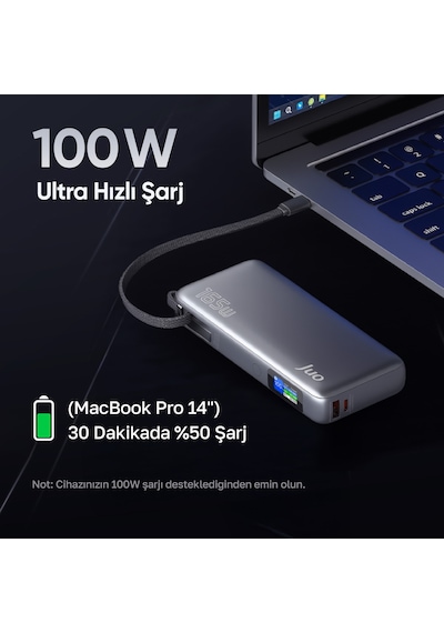 Juo 20000mah 165w Led Ekranlı Type-c Kablolu Powerbank Usb-a + Usb-c Apple Uyumlu Macbook Notebook Telefon Taşınabilir Pd Hızlı Şarj Cihazı Gri