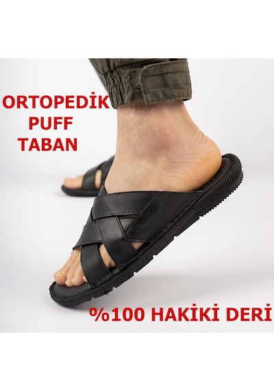 Ayakkabiburada 034 Günlük Tam Ortopedik Hakiki Deri Erkek Terlik Puff Taban Siyah