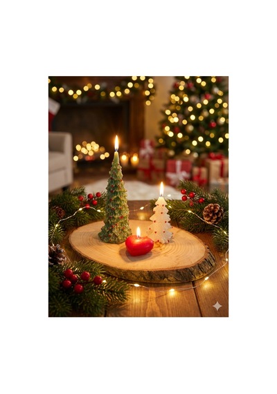 3'lü Yılbaşı Mum Seti Çam Ağacı Ve Kalp Mum Noel Konsepti Çok Renkli