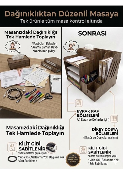 Mrx-org Desk 01 Masaüstü Organizer Peçetelikli Çok Amaçlı Masa Düzenleyici, Raflı Dosyalık Ceviz