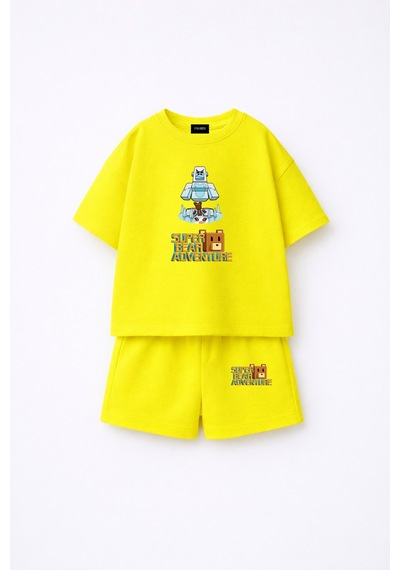 Fasardi Super Bear Adventure Süper Ayı Baskılı Oversize %100 Pamuk Kısa Kollu Unisex Çocuk T-shirt Sarı