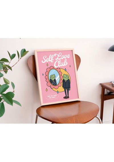 Kız Kurbağası Öz Bakım Duvar Baskısı, Pozitiflik Öz Sevgi Kulübü, Pembe Retro İllüstrasyon