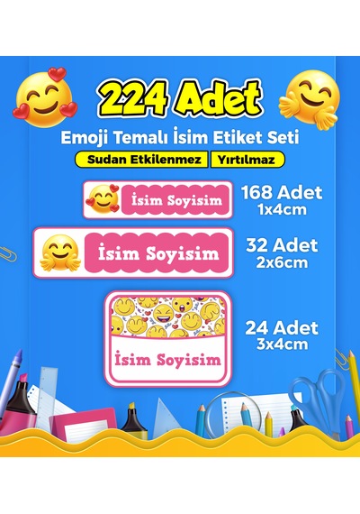 Emoji Temalı Okul Kreş Kişiye Özel İsim Etiket Seti - Model 32 Çok Renkli