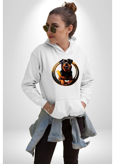 Süper Tasma Rottweiler Eğitim Kadın Erkek Beyaz Kapüşonlu Sweatshirt Hoodie Beyaz