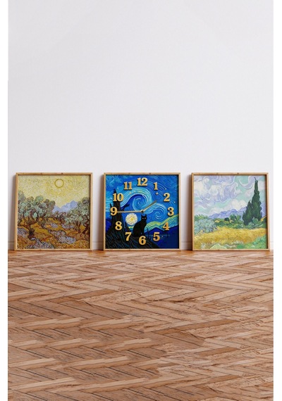 Van Gogh Esintili 3'lü Tablo Seti Kedi Saatli Ahşap Çerçeveli Mdf Tasarım Renkli