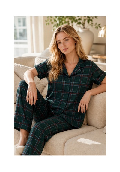 Rindahomewear Kadın Milan Kısa Kol Düğmeli Pijama Takımı Yeşil