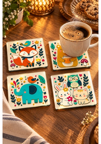 Gökçeoğlu Cam Bardak Altlığı Orman Hayvanları Temalı 4'lü Takım 10cm X 10cm Çok Renkli
