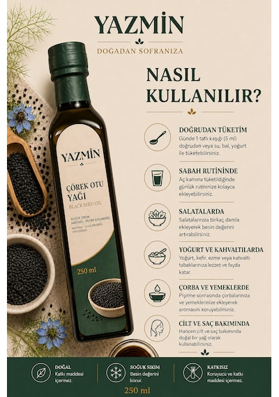 Yazmin Çörek Otu Yağı 250 Ml Cam Şişe Soğuk Sıkım %100 Saf Doğal Çörek Otu Yağı