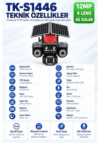 Tk-s1446 12mp 4 Kameralı 3 Ptz 4g Solar Aov Sürekli Kayıtlı Güvenlik Kamerası