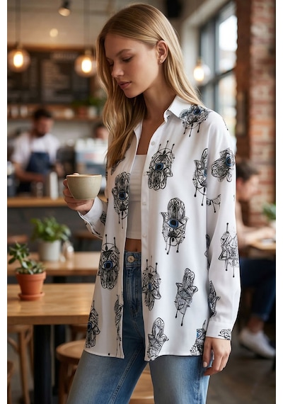 Armonika Kadın Açık Mavi Desenli Oversize Uzun Basic Gömlek Arm-22y001148