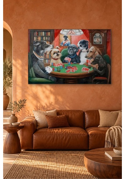 Fida Kütüphanede Poker Oynayan Köpekler Canvas Tablo Çok Renkli