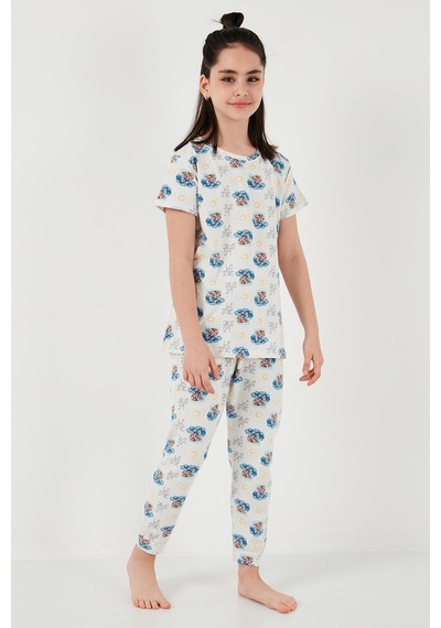 Lela % 100 Pamuk Bisiklet Yaka Kısa Kollu Kız Çocuk Pijama Takımı 6651004 Ekru-Mavi