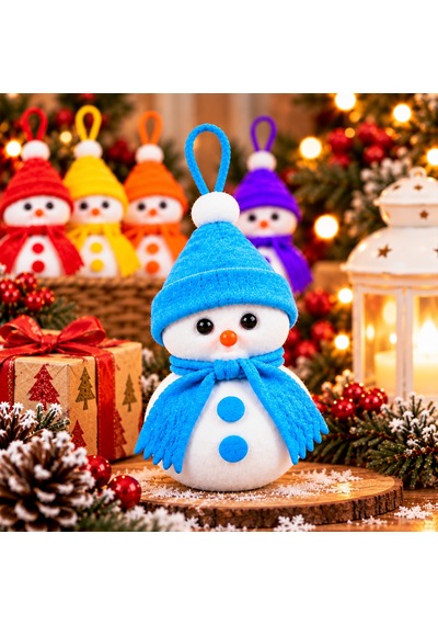 Bakgelal Yılbaşı Ağacı Süsü Kardan Adam Figürlü 16 Cm Keçe Şapkalı Ve Atkılı Asılabilir Dekoratif Süs Mavi Şapkalı - 9093691700602