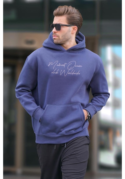 Madmext Lacivert Kapüşonlu Cep Detaylı Baskılı Erkek Sweatshirt 7064-lacivert Lacivert