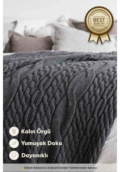 Home Kalın Örgü Battaniye Sofa & Yatak Üstü Dekoratif Battaniye 130cm X 170cm Antra Koyu Gri Koyu Gri