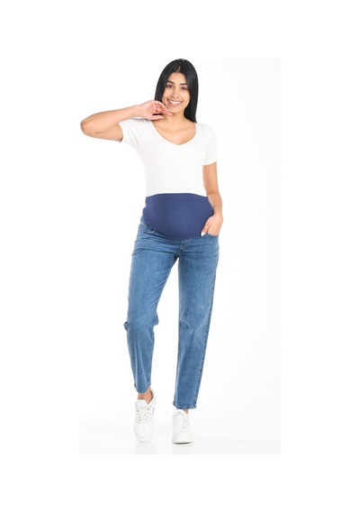 Busa Hamile Esnek Karın Bantlı Arka Kemerli Mom Fit Kot Pantolon Mavi-mavi