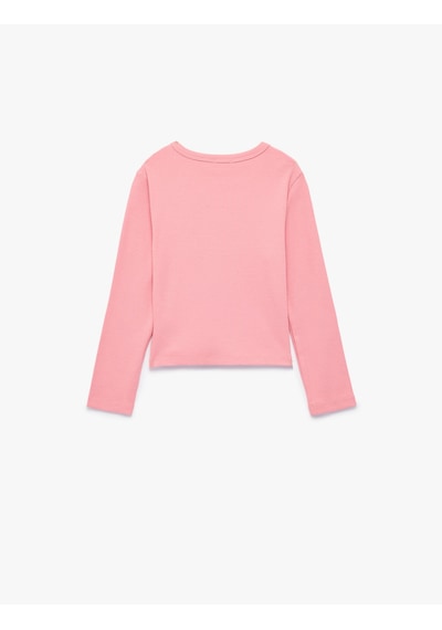 Koton Kedi Nakışlı Slim Fit Pamuklu Kaşkorse Bisiklet Yaka Uzun Kollu Tişört Pembe 7wkg10518ak Gül