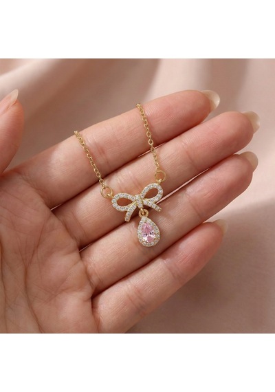 Altın Kaplama Pembe Damla Taşlı Çelik Kurdele Kolye Gold