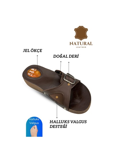 Sermoda Hakiki Deri Kadın Terlik - Halluks Valgus Destekli Jel Taban Kadın Terlik Kahve