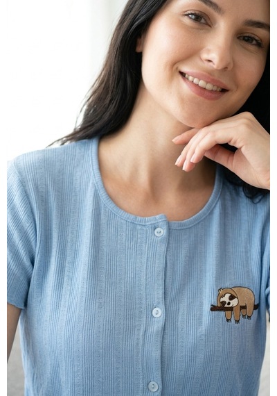 Mataş Kadın Ayıcık Desenli Bambu Viskon Kısa Kollu Yumuşak Soft Örme Pijama Takımı Mavi