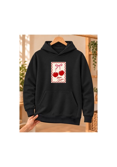 Mor Mürekkep Kadın %100 Pamuk 3 İplik Şardonlu Mon Chéri Kiraz Baskılı Kapüşonlu Sweatshirt Siyah