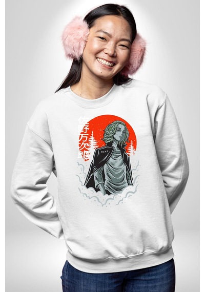 Tokyo Revengers Mikey Red Moon Unisex Beyaz Sweatshirt Beyaz
