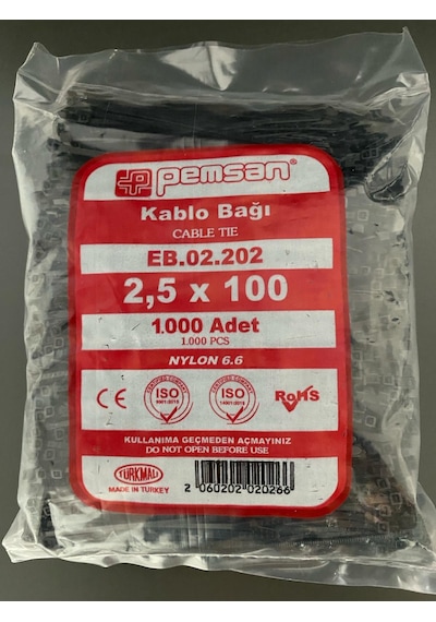 Pemsan - 1000 Adet -10cm X 2,5mm Plastik Cırt Kelepçe- Siyah