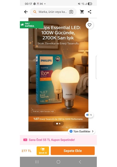 Philips Essential 13w -100w 1521 Lumen 2700k Sarı Işık %87 Enerjı Tasarufu