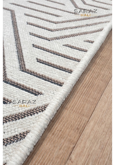 Saraz Halı Ada Kilim Modern Salon Mutfak Koridor Kesme Yolluk Dokuma Makine Halısı Zigzag Krem Krem