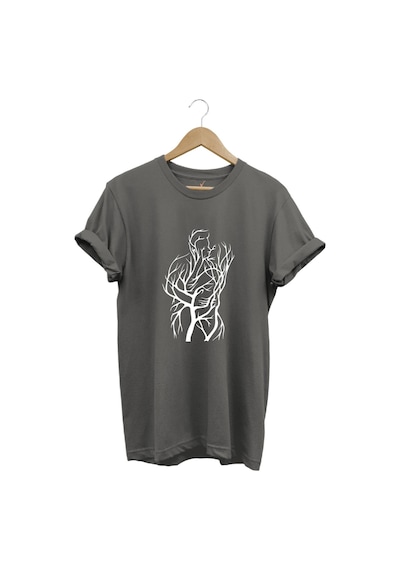 14 Şubat Sevgililer Günü Sarılan Çift Baskılı %100 Pamuk Regular Fit Bisiklet Yaka Gri T-shirt Gri
