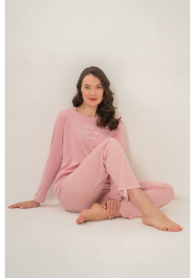 Pierre Cardin Kadın Have A Super Day Pembe Uzun Kol Pijama Takım Pc9294-s-v1 Pc9294-s-v1