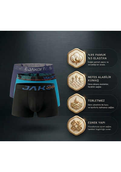 Jakoft Classic Pamuklu Erkek Boxer 3'lü Paket Siyah - Mavi - Lacivert
