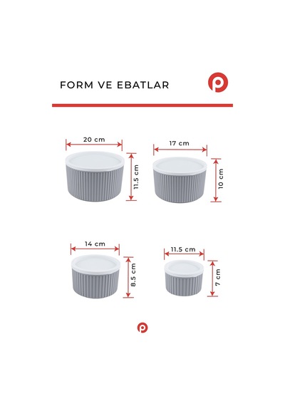 4'lü Çizgili Yuvarlak Saklama Kabı Seti Bej 3l - 1.8l - 1l - 0.55l Mikrodalga & Dondurucu Uyumlu Gri
