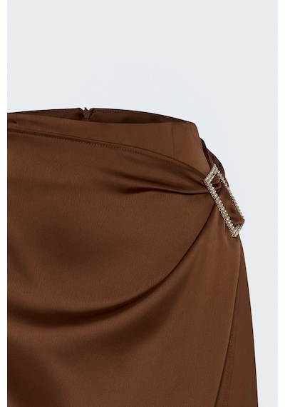 Sateen Toka Detaylı Saten Etek - Açık Kahve-138023 Açık Kahverengi